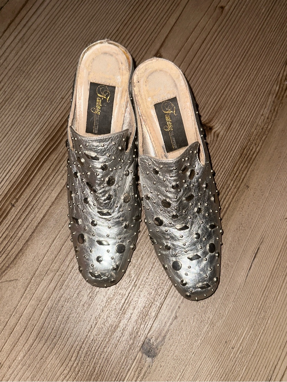 Metallic Silver Studded Slip-On Mules - Women